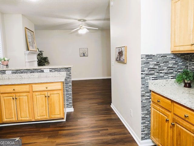 kitchen with dark hardwood / wood-style flooring, ceiling fan, light stone counters, and tasteful backsplash