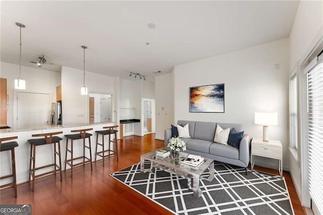 living room with rail lighting and dark wood-type flooring