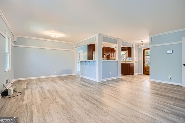 unfurnished living room featuring crown molding, sink, and light hardwood / wood-style floors