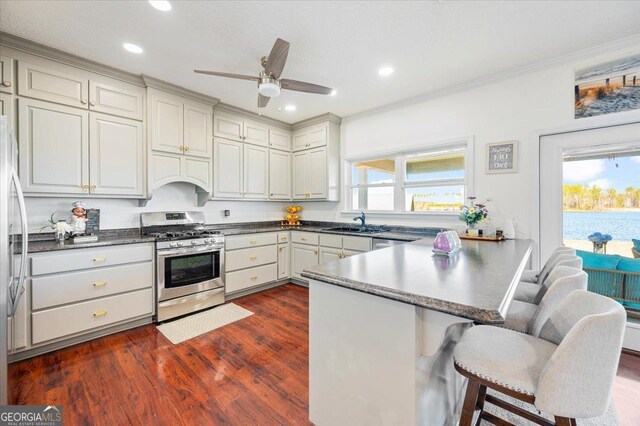 kitchen featuring stainless steel gas range oven, dark hardwood / wood-style flooring, premium range hood, kitchen peninsula, and crown molding