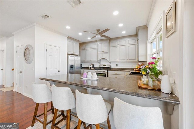 kitchen featuring ceiling fan, dark wood-type flooring, a kitchen breakfast bar, kitchen peninsula, and appliances with stainless steel finishes