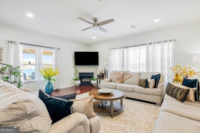 living room with ceiling fan, crown molding, light wood-type flooring, and a textured ceiling