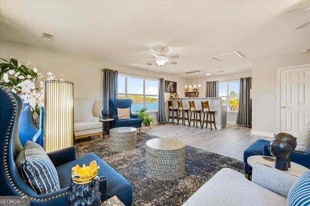 living room featuring hardwood / wood-style floors, plenty of natural light, a water view, and a textured ceiling