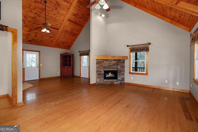 unfurnished living room featuring high vaulted ceiling, light hardwood / wood-style flooring, ceiling fan, a fireplace, and wood ceiling