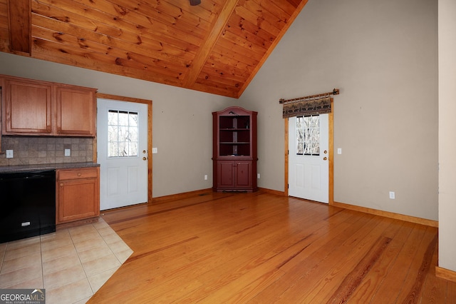 kitchen featuring wooden ceiling, black dishwasher, tasteful backsplash, beamed ceiling, and light wood-type flooring