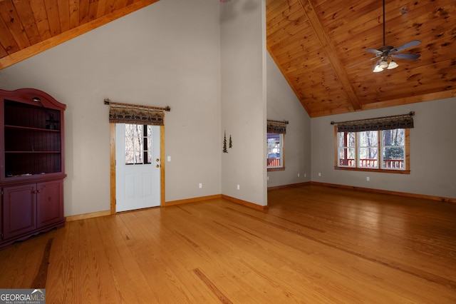 unfurnished living room with high vaulted ceiling, plenty of natural light, light wood-type flooring, and wood ceiling