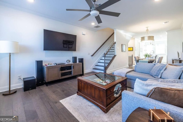 living room with dark hardwood / wood-style floors, ceiling fan, and ornamental molding