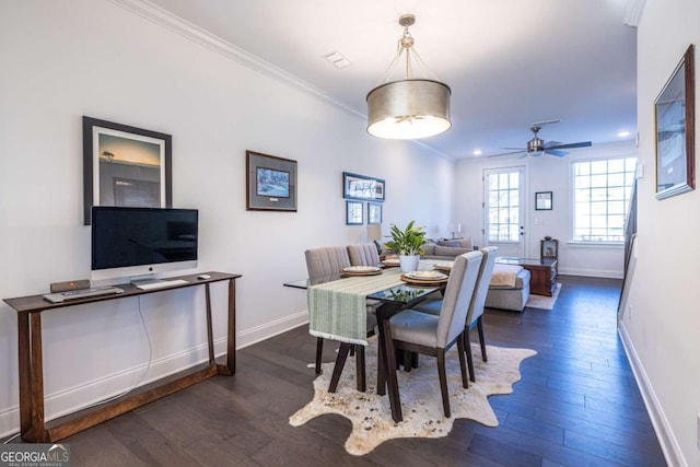 dining space with ceiling fan, dark hardwood / wood-style flooring, and crown molding