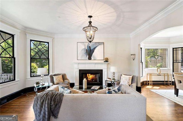 living room featuring crown molding, plenty of natural light, wood-type flooring, and an inviting chandelier