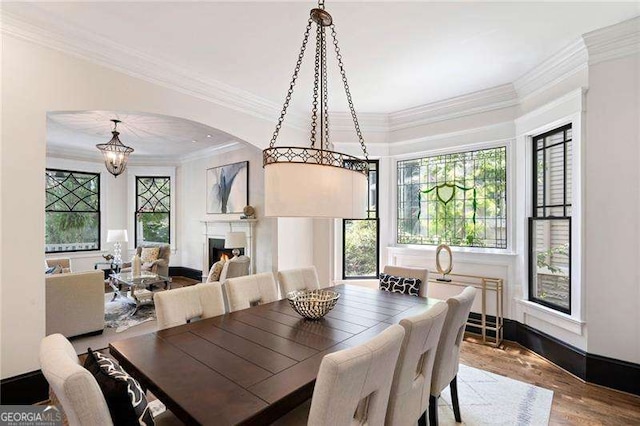 dining area featuring wood-type flooring and crown molding