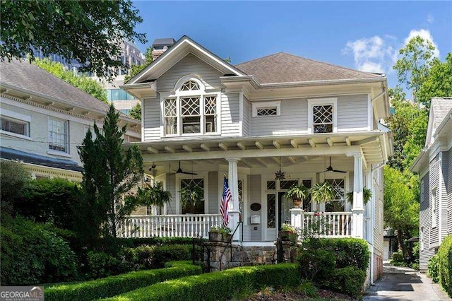 view of front of property featuring covered porch and ceiling fan