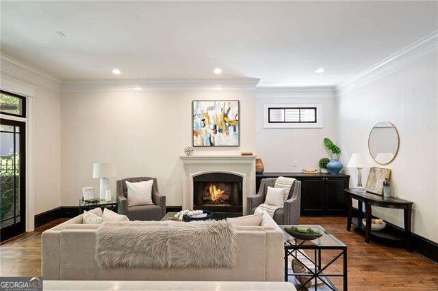 living room featuring dark hardwood / wood-style floors and ornamental molding