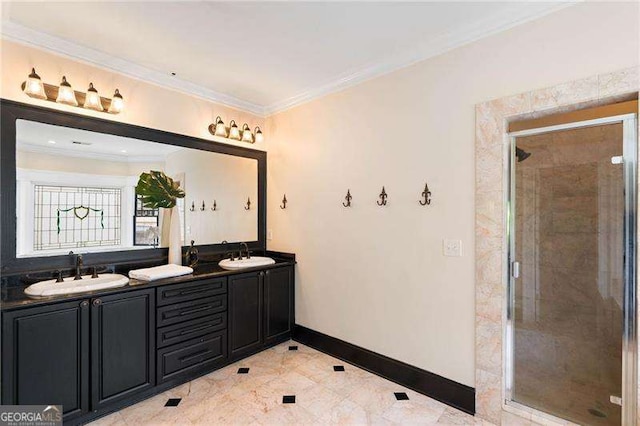 bathroom featuring a shower with door, vanity, and ornamental molding