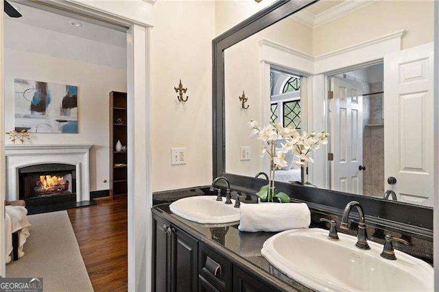 bathroom with crown molding, vanity, and hardwood / wood-style flooring