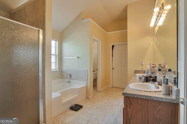 full bathroom with shower with separate bathtub, vanity, toilet, and lofted ceiling