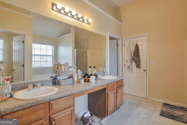 bathroom featuring vanity and an enclosed shower