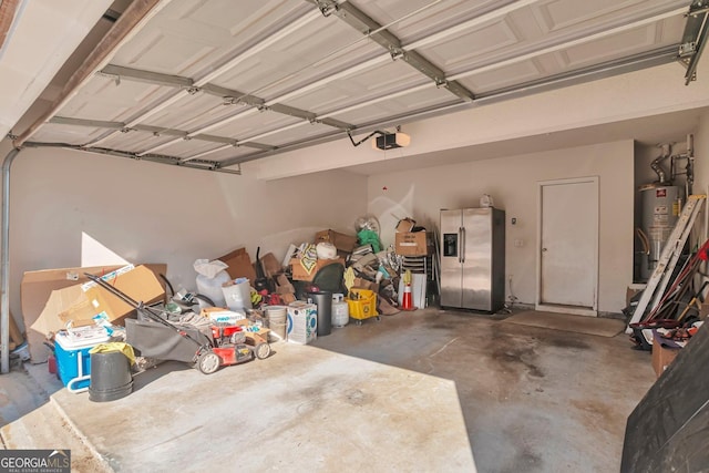 garage featuring stainless steel fridge with ice dispenser, gas water heater, and a garage door opener