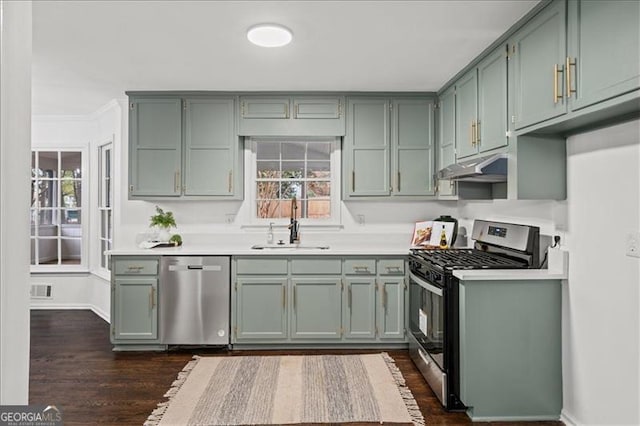 kitchen featuring appliances with stainless steel finishes, ornamental molding, dark wood-type flooring, sink, and green cabinets