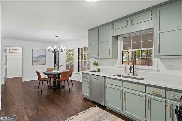 kitchen with sink, hanging light fixtures, dark hardwood / wood-style flooring, stainless steel dishwasher, and ornamental molding