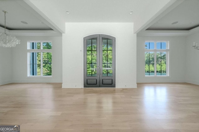 entryway featuring light hardwood / wood-style flooring, a raised ceiling, and a healthy amount of sunlight