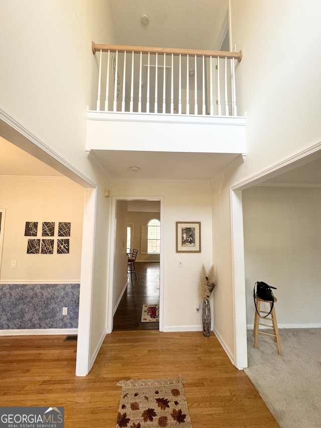 entryway featuring wood-type flooring and a high ceiling