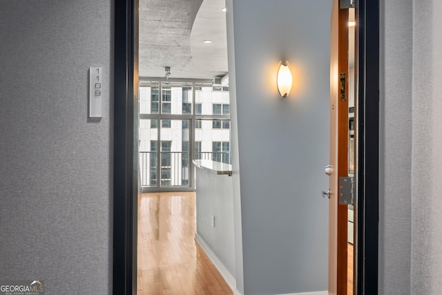 corridor featuring light hardwood / wood-style floors and a wall of windows