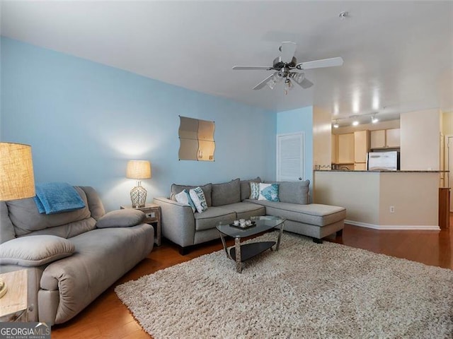 living room with ceiling fan and hardwood / wood-style flooring