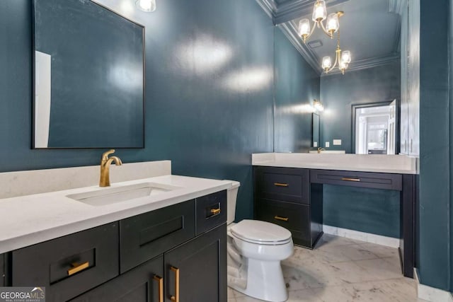 bathroom with vanity, toilet, and ornamental molding