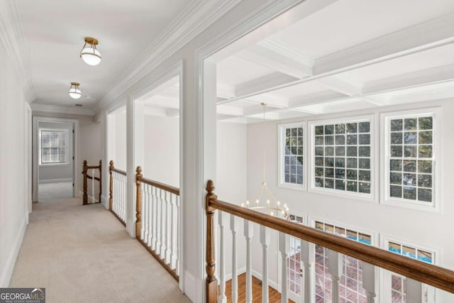 corridor with beam ceiling, coffered ceiling, a notable chandelier, crown molding, and light carpet