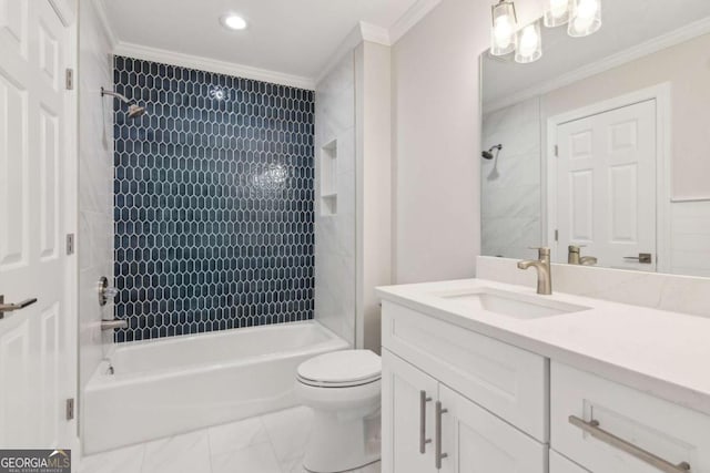 full bathroom featuring tiled shower / bath combo, toilet, ornamental molding, and vanity