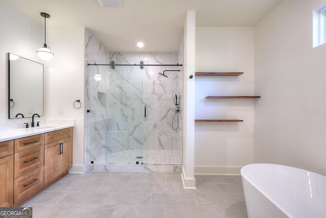 bathroom featuring tile patterned floors, plus walk in shower, and vanity