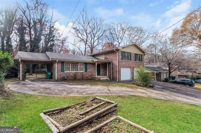 view of front of property with a front lawn, a garage, and a carport