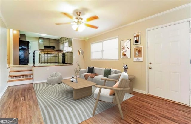 living room with ceiling fan, crown molding, and wood-type flooring