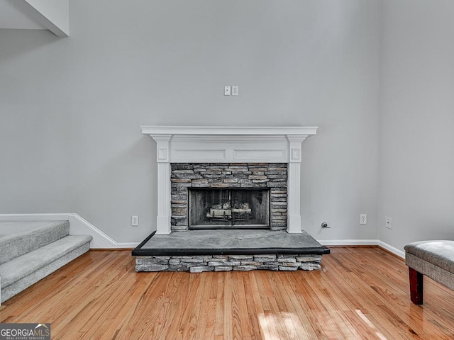 details with wood-type flooring and a fireplace