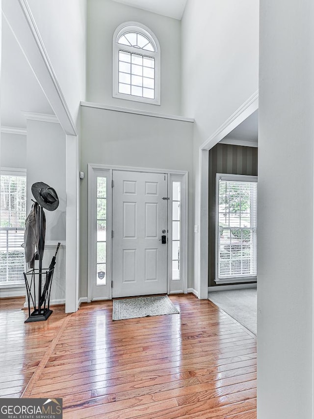 entryway featuring a wealth of natural light, a towering ceiling, and wood-type flooring