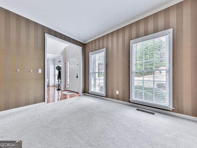 carpeted empty room with crown molding