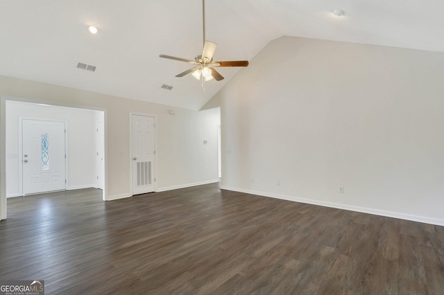 unfurnished living room featuring ceiling fan, dark wood-type flooring, and lofted ceiling