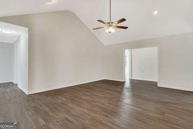 interior space featuring dark hardwood / wood-style flooring, high vaulted ceiling, and ceiling fan