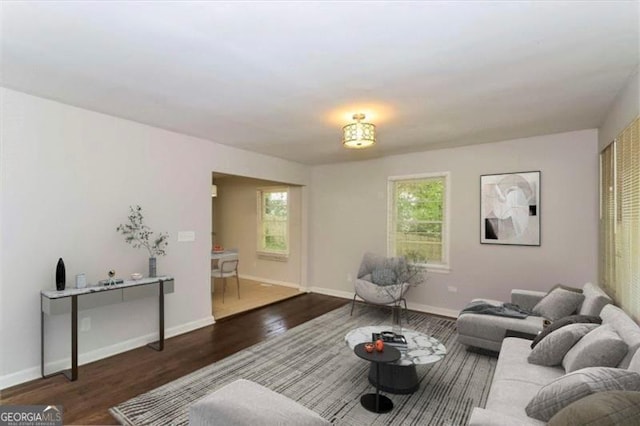 living room with dark hardwood / wood-style flooring