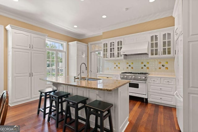 kitchen with premium range hood, stainless steel range, sink, white cabinets, and an island with sink