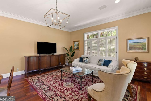 living room with crown molding, dark hardwood / wood-style flooring, and a chandelier