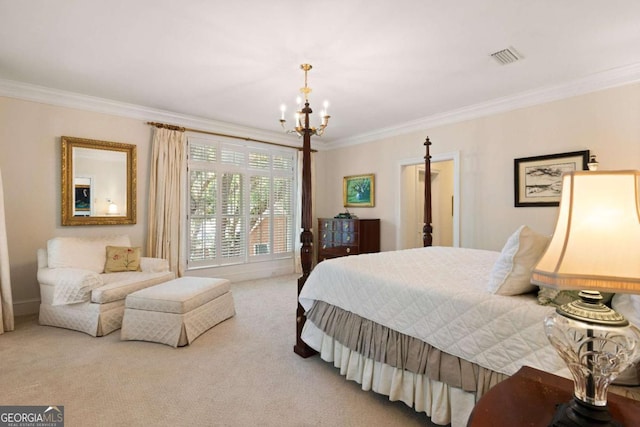 carpeted bedroom featuring an inviting chandelier and ornamental molding