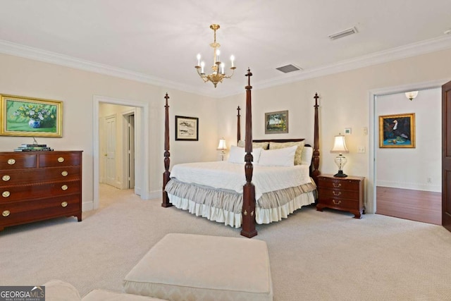 bedroom with light carpet, an inviting chandelier, and ornamental molding