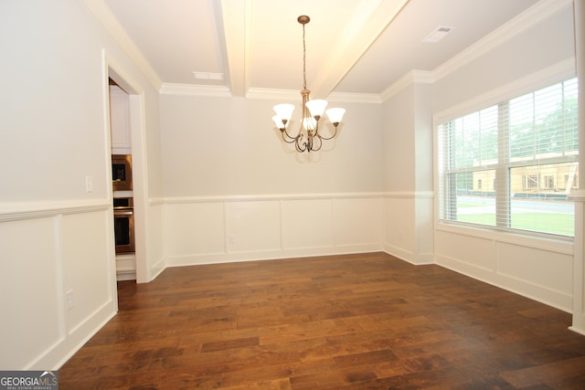 unfurnished dining area with dark hardwood / wood-style flooring, ornamental molding, and a notable chandelier