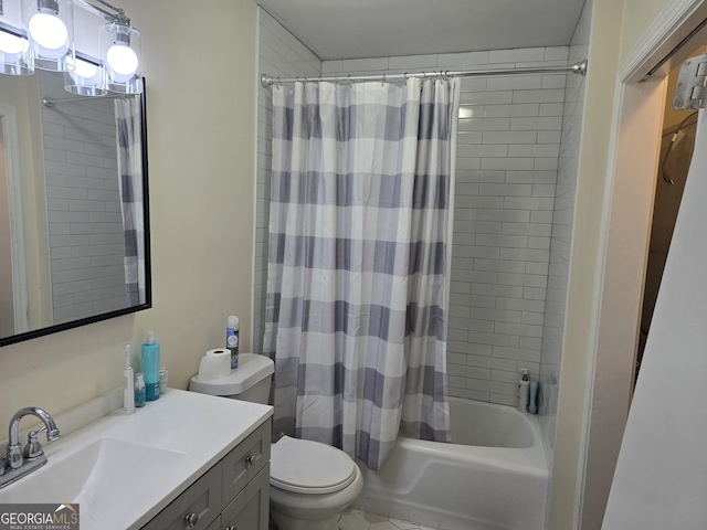 full bathroom with shower / bath combo, toilet, and vanity