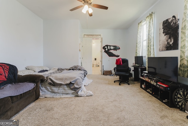 bedroom with carpet flooring and ceiling fan