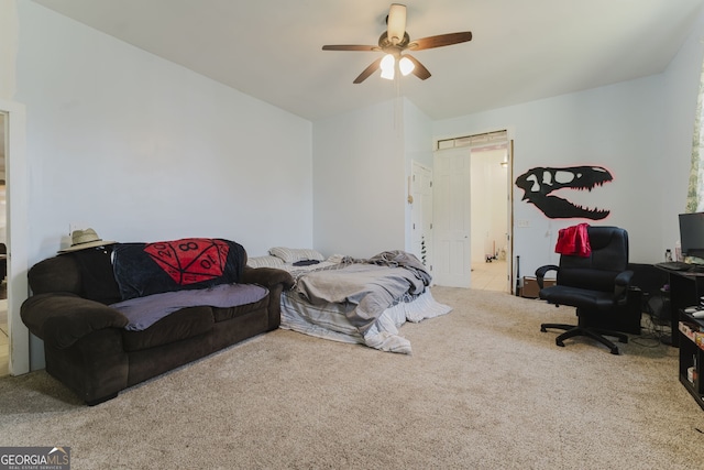 bedroom featuring ceiling fan and light colored carpet