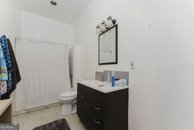 full bathroom with vanity, shower / bath combo, lofted ceiling, tile patterned flooring, and toilet