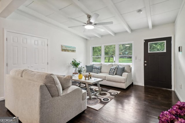 living room with beam ceiling, ceiling fan, and dark wood-type flooring