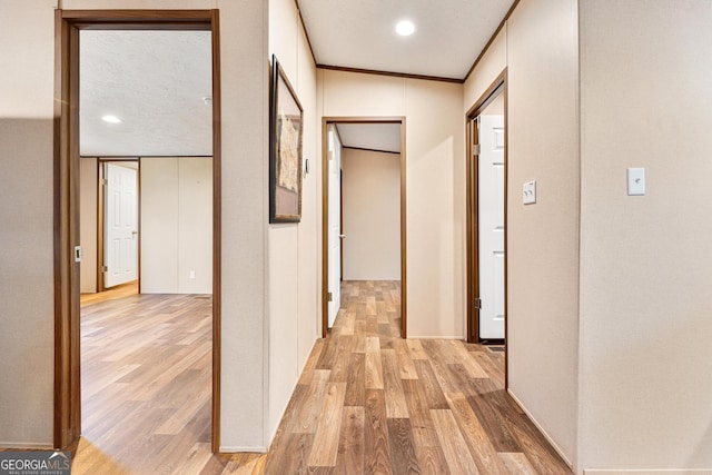 hallway featuring light hardwood / wood-style floors and crown molding